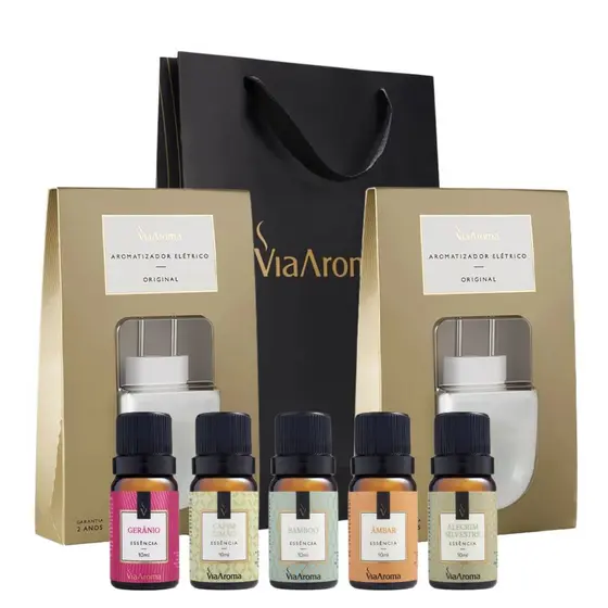 Kit 2 Difusores Aromatizadores Elétricos Originais Porcelana + 5 Essências Sortidas - Via Aroma