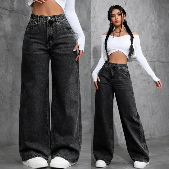 Calça Jeans Feminina Wide Leg Marmorizada Cintura Alta 100% Algodão Levanta Bumbum  Premium Jeans