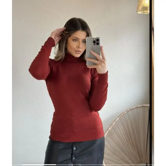 Blusa Gola alta tricot manga comprida Blusa de frio Com elastano Blusa feminina cacharrel gola alta Trico  Inverno