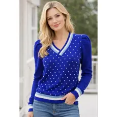 Blusa manga longa Poá decote em V, blusa justa manga princesa com bolinhas