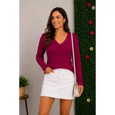 Blusa Feminina Tricô Trançada Gola V Manga Longa Suéter Malha Inverno Moda FemininaBlusa Tricô Feminina Gola Suéter