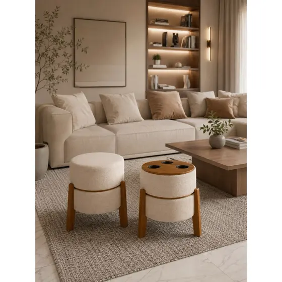 Puff Porta Copos Mesa Cadeira Bouclé Pés de Madeira Para Sala Quarto Escritorio Trabalho Lazer Areia Cinza Mesinha