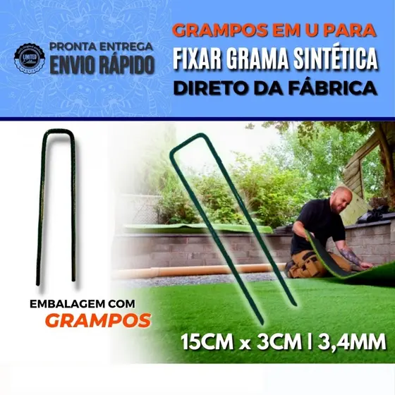 Grampo Gancho Presilha para fixação de Grama Sintética cor Verde