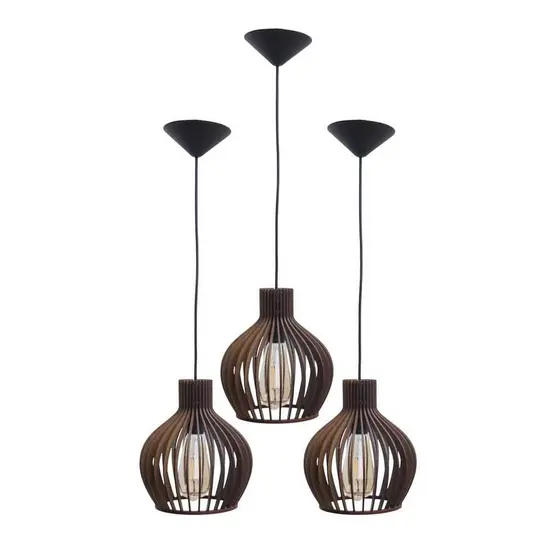 3 Lustres Decorativos Pendente Madeira Decoração Marrom Claro PP ILUMINAÇÃO