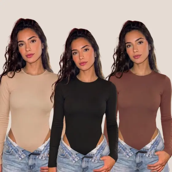 Kit 3 Body Feminino Manga Longa Suplex Gola Redonda Premium Frio Inverno