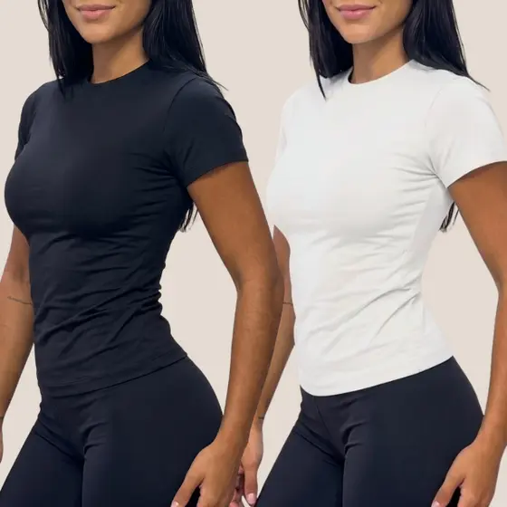 Kit 2 Camiseta Feminina Slim T-Shirt Poliamida Manga Curta Ajustada Academia Fitness