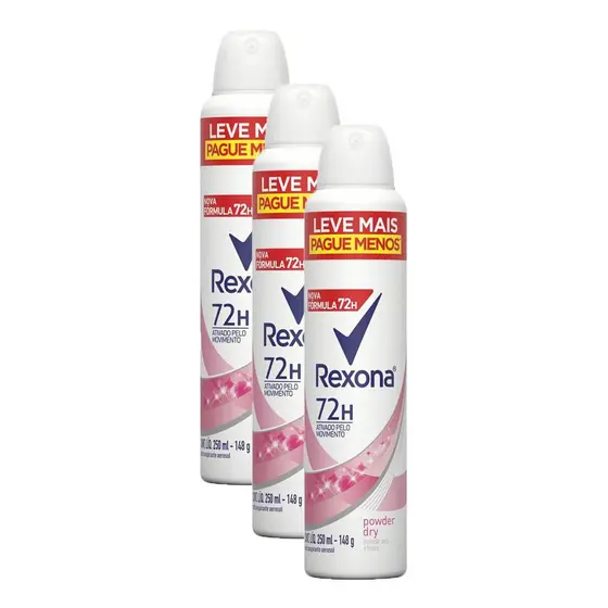 Kit 3 Desodorantes Antitranspirante Aerosol Feminino Rexona Powder Dry 72 Horas 250ml