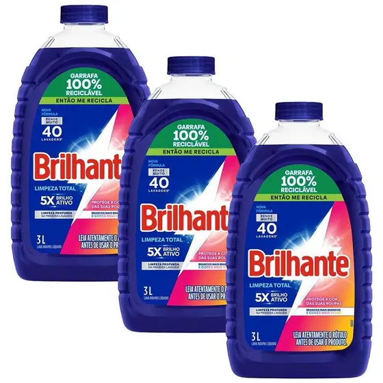 Kit 3 Sabão Líquido Brilhante Limpeza Total 3L