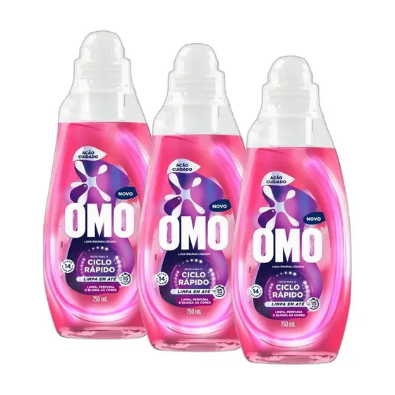 Kit 3 Lava-Roupas Líquido Omo Ciclo Rápido Ação Cuidado Frasco 750ml cada