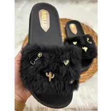 Chinelo Slide Pantufa De Pelo Preto Branco Feminina Numero Especial Inverno Pelinho Pelucia Presente