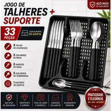 Jogo de Talheres 33 Peças Aço Inox Preto ou Vermelho Kit Com Suporte Para Gaveta Talher Faqueiro