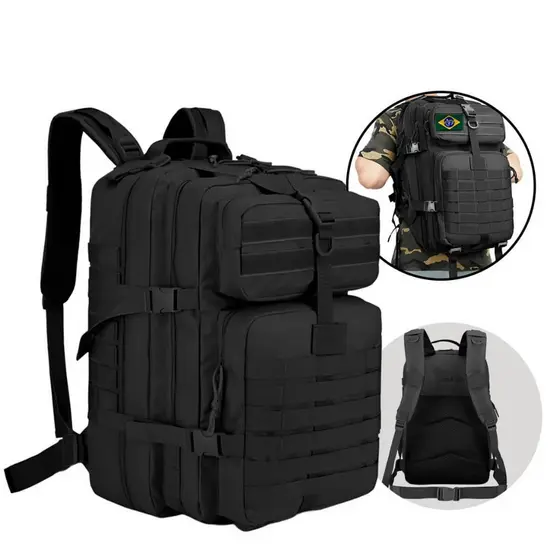Mochila Tática Militar Impermeável 50L Camping Trilha com Patches Brasil e EUA