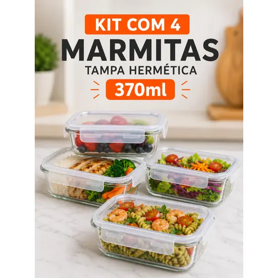 Pote De Vidro Com Tampa Hermética Kit Com 4 Potes 370ml