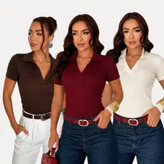 Camisa Polo Blusa Feminina Baby Look Ribana Canelada Manga Curta Trabalho Uniforme Casual Social Verão