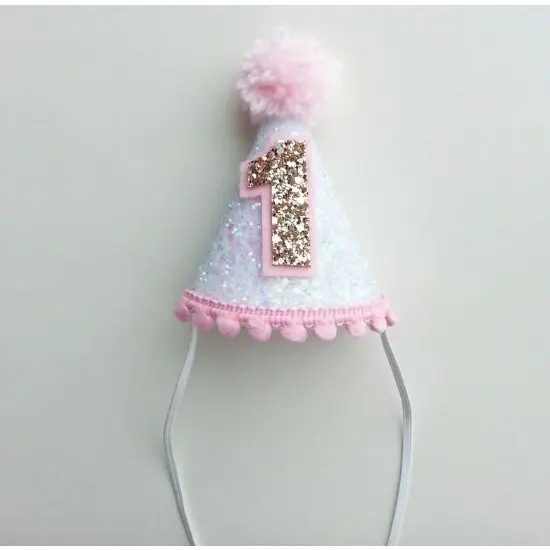 Mini Chapéu parabens em glitter Branco e rosa, Chapéu parabens personalizado