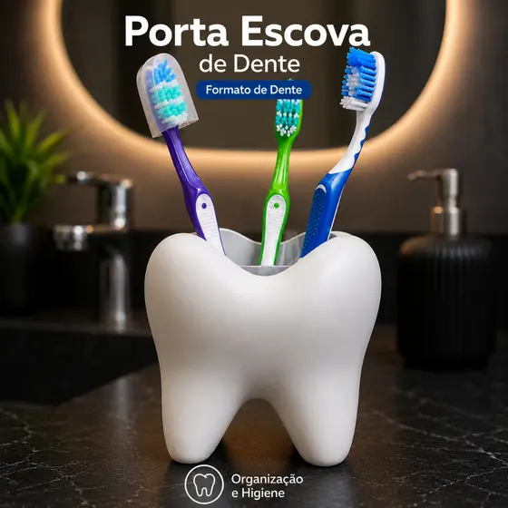 Porta Escova Design Formato de Dente Organização Higiene Banheiro Suporte Odonto Odontologia Pasta