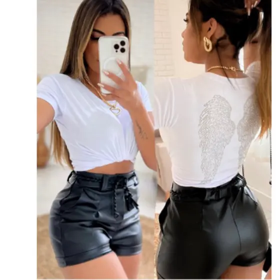 Shorts Cordinha Couro Fake Cirre Botão Encapado