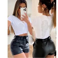 Shorts Cordinha Couro Fake Cirre Botão Encapado
