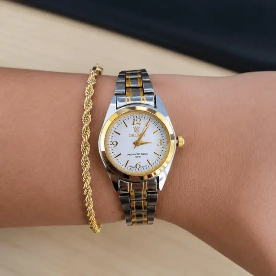 Kit  Relogio Feminino Orimet  e Pulseira de Aço Inox Estilo Retro Lindo + Pulseira Cordão Baiano