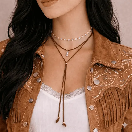 Kit Colar Country Marrom Gravatinha Rodeio Pingente Bota + Choker Dourada Ponto de Luz