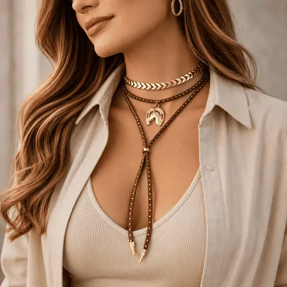 Kit Colar Country Marrom Pingente Ferradura + Choker Escama de Peixe Banhado a Ouro 18K