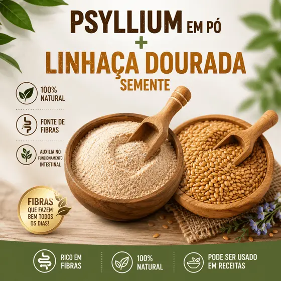 Kit Fibras Naturais Psyllium em Pó + Linhaça Dourada Semente Premium Importado
