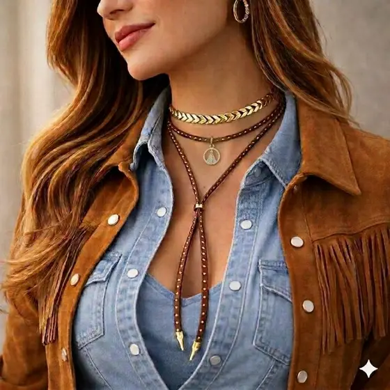 Kit Colar Country Ana Castela Marrom Pingente Nossa Senhora + Choker Escama de Peixe Banhado Ouro 18K