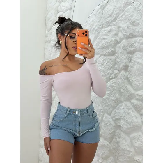 Body Poliamida Manga Longa Assimétrico Body Feminino  Decote Ombro