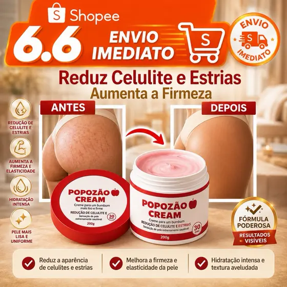 Popozão Cream 200g – Creme Firmador e Anticelulite para Bumbum | Aumenta a Firmeza | Efeito Aquecimento Controlado