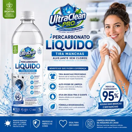 Percarbonato de Sódio Líquido 1 litro UltraCleanPro - Alvejante Remove Manchas Mais Difíceis