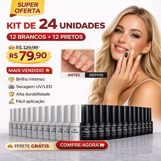 Kit 24 unidades Esmaltes Unha Em Gel 12 de cada cor Seca Cabine Lindas Cores 10ML Manicure Profissional ANVISA