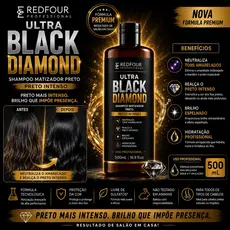 Shampoo Matizador Preto Redfour Ultra Black Diamond 500mL | Preto Intenso + Brilho Espelhado