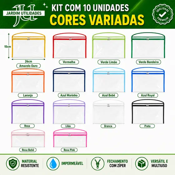 KIt c/10 Sacolinhas plásticas Transp. tipo Necessarie - p/aniversários e utilidades c/zíper e viés - 26x15 cm. 682.Cor