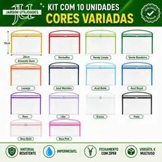 KIt c/10 Sacolinhas plásticas Transp. tipo Necessarie -  p/aniversários e utilidades c/zíper e viés - 26x15 cm. 682.Cor