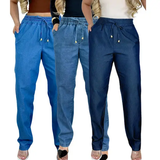 Calça Feminina Tecido Jeans Molinho e Confortável Com Elástico no Cós Cintura Alta