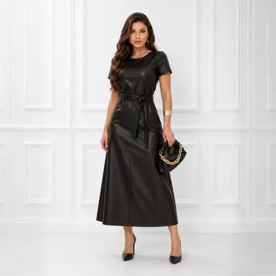 Vestido Midi Evangélico Manga Curta Longuete Couro Fake Cinto Elegante