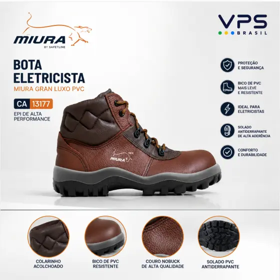 Botina de Segurança Eletricista Miura Safetline Gran Luxo Bico PVC CA 13177 EPI