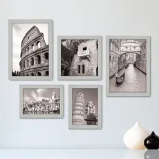 Kit Com 5 Quadros Decorativos - Itália - Cidades - Roma Nápoles Pisa Veneza Florença - Preto e Branco - 276kq01