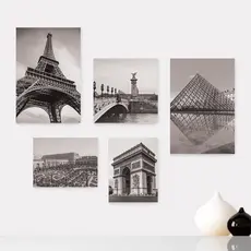 Kit 5 Quadros Decorativos Placas - França - Cidades - Torre Eiffel Arco do Triunfo Louvre - Pontos Turísticos - Preto e Branco Casa Quarto Sala - 278ktpl5