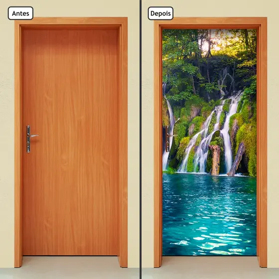 Adesivo Decorativo de Porta Parede Vidro Casa Sala Cachoeira Paisagem Natureza