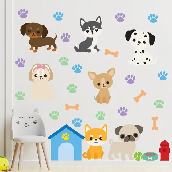 Adesivo de Parede Infantil Dogs Cachorros Pet Shop Quarto Menino Menina - 449ir