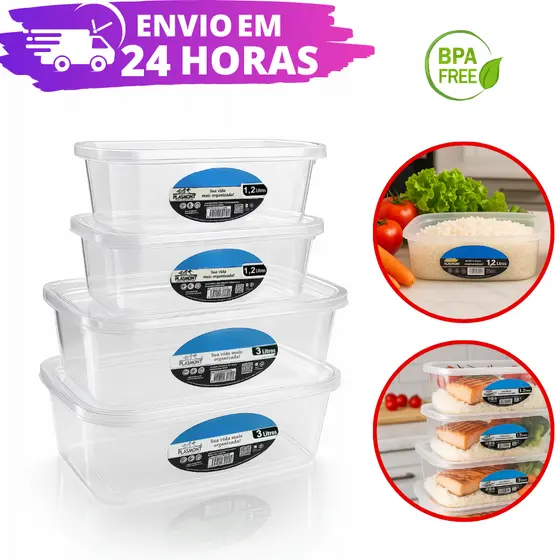 Kit 4 Potes Transparente 1,2 L E 3,0 L PRESIDIO Retangular REFORÇADO
