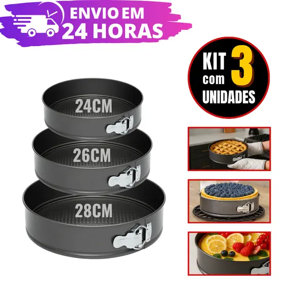 Kit 3 Formas com Fundo Removível Antiaderente para Torta Bolo Doces Salgados Reforçado