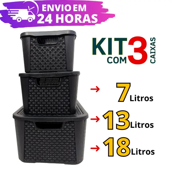 Kit 3 Caixas Organizadora Rattan REFORÇADA - 7L, 13L E 18L