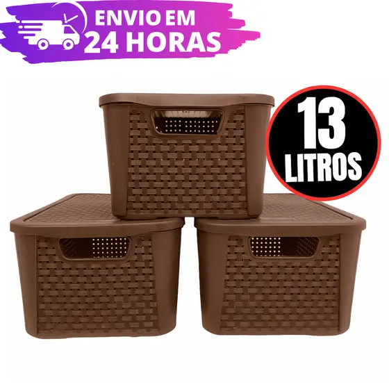 Kit 3 Caixas Organizadora Rattan REFORÇADA 13 LITROS - MARROM