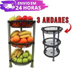 Fruteira 3 Andares REFORÇADA Redonda C/ Rodinha Multiuso Cesto Organizador de Chão