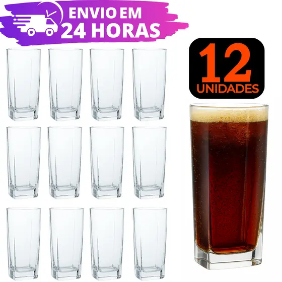 Jogo De 12, 6 e 4 Copos Vidro Texas REFORÇADO Quadrado Luxo Transparente 320ml