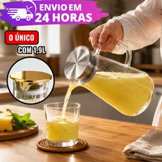 Jarra Premium Vidro Borossilicato 1,9L REFORÇADO C/ Tampa Inox e Coador Suco Chá Drinks