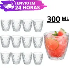 Jogo 12 e 6 Copos Diamond Baixos 300ML REFORÇADO Diamante Luxo Transparente