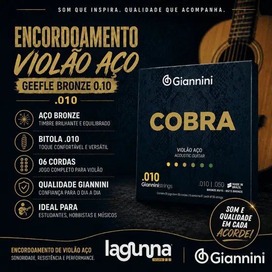 Encordoamento Violão Aço Bronze 85/15 Giannini GEEFLE .010 Extra Light – Cordas Originais Macias